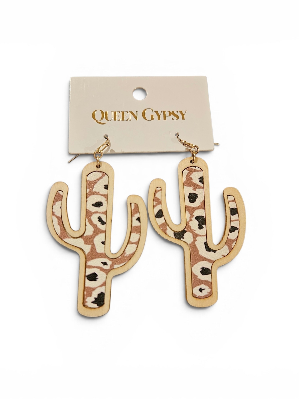 Queen Gypsy Cactus Leopard Print Wood Drop Earrings